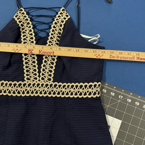 Lily Pulitzer Trista Shift Dress Size 0 Navy Blue/Gold Trim Lace-Up Neck - New - Picture 7 of 11